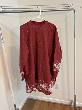Maroon 100% cotton/ lawn tunic/top with floral printed border